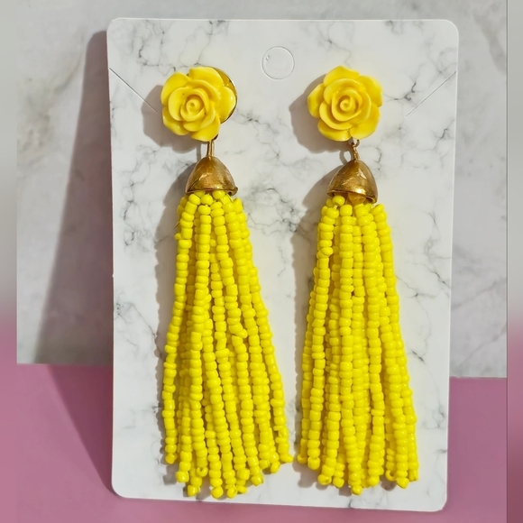 Yellow Rose Beaded Tassel Drop Earrings - Picture 14 of 14